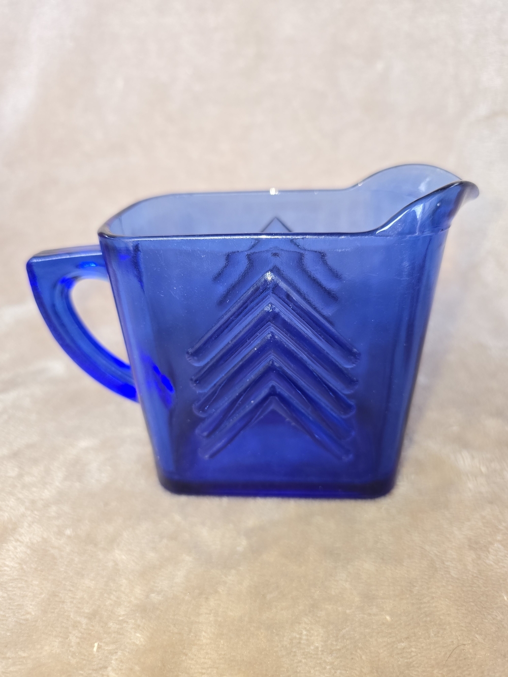 Vintage Hazel Atlas Cobalt Blue Chevron Glass Creamer Pitcher Almost 4"